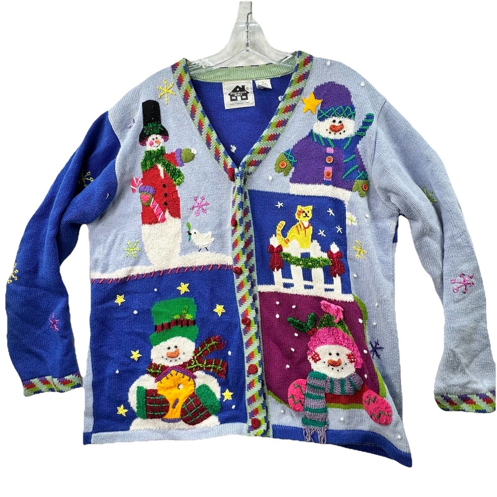 VTG Storybook Knits Christmas Sweater Cardigan Women Large Grannycore Ramie Cat